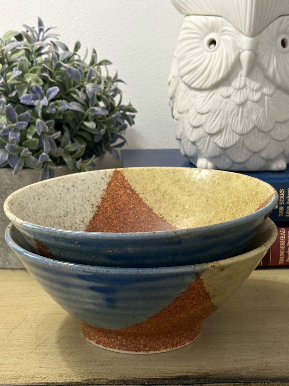 Stoneware Pottery Pedestal Bowls Set of Two